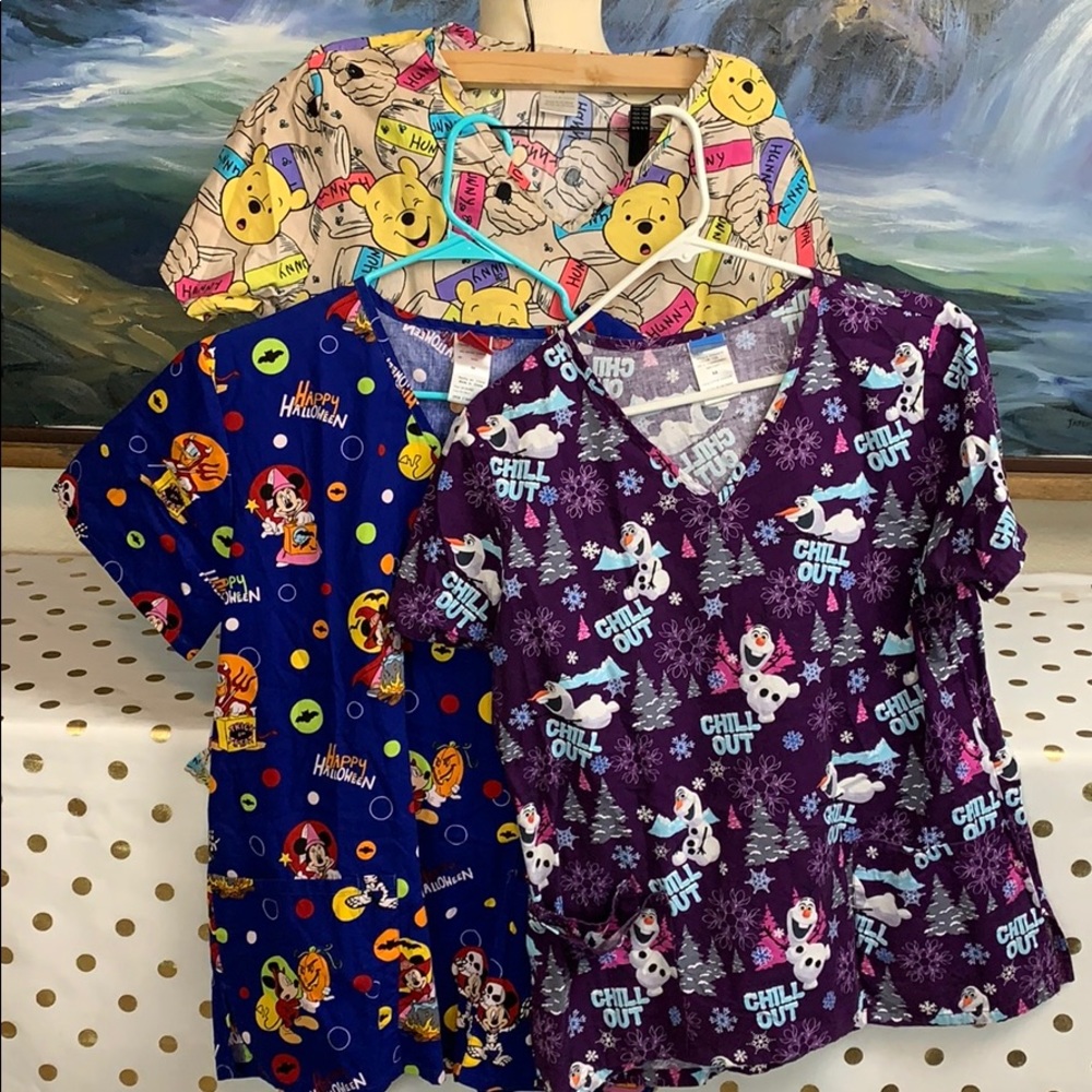 3 total Disney scrub top Olaf/Mickey/Carebear